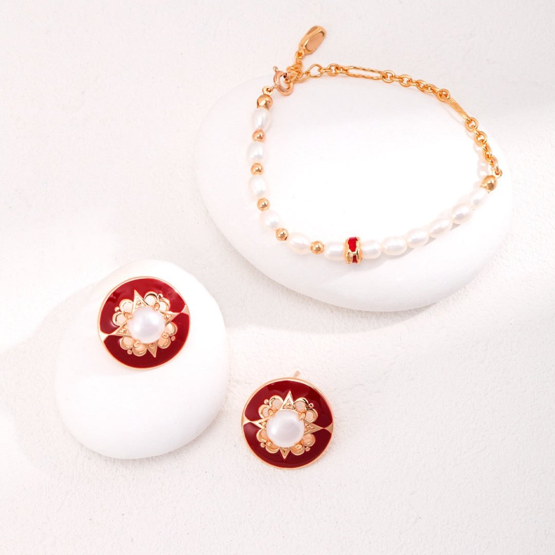 Royal Red Pearl Vermeil Glazed Stud Earrings - with matching bracelet