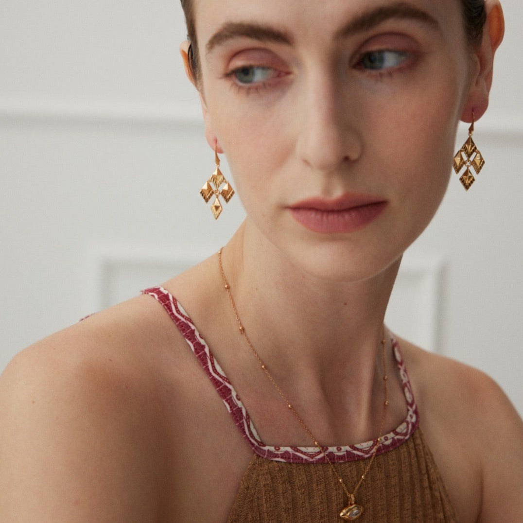 Versailles-Inspired Geometric Vintage Dangle Earrings - model shot, paired with necklace