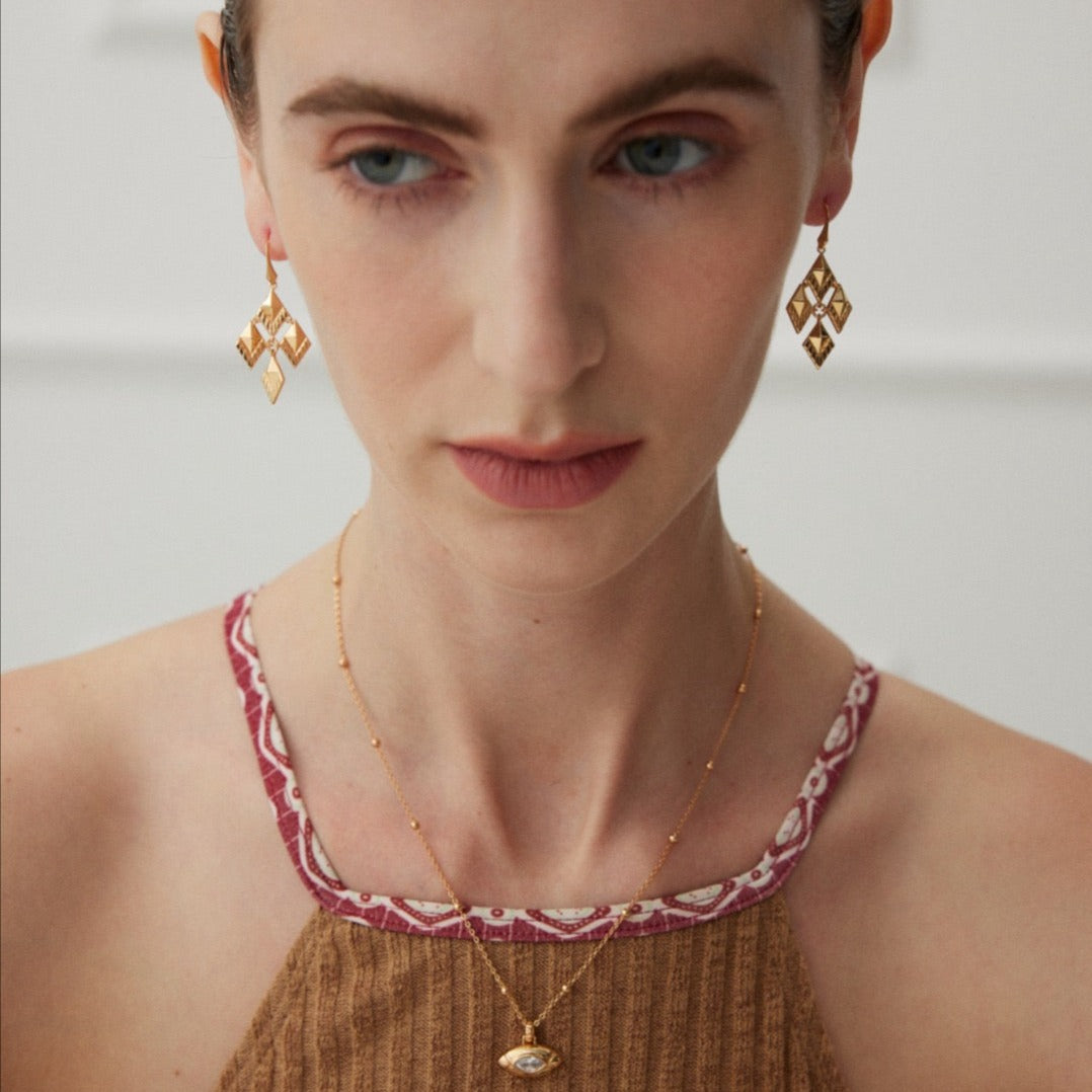 Versailles-Inspired Geometric Vintage Dangle Earrings - model shot with necklace 2