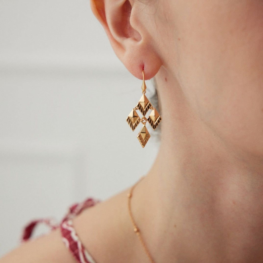 Versailles-Inspired Geometric Vintage Dangle Earrings - model shot close