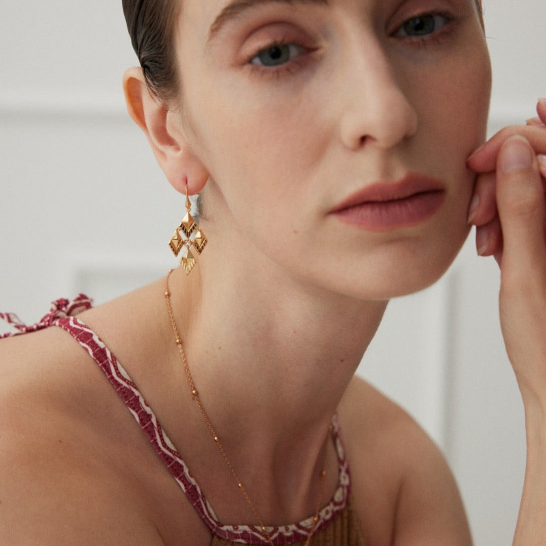 Versailles-Inspired Geometric Vintage Dangle Earrings - model shot