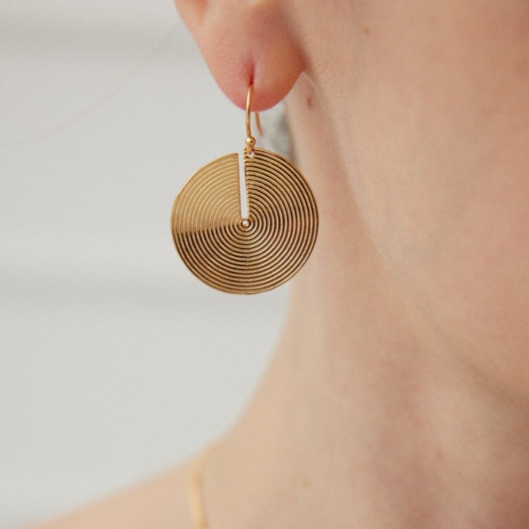 18K Gold on Silver Spiral Disc Drop Earrings - model shot close