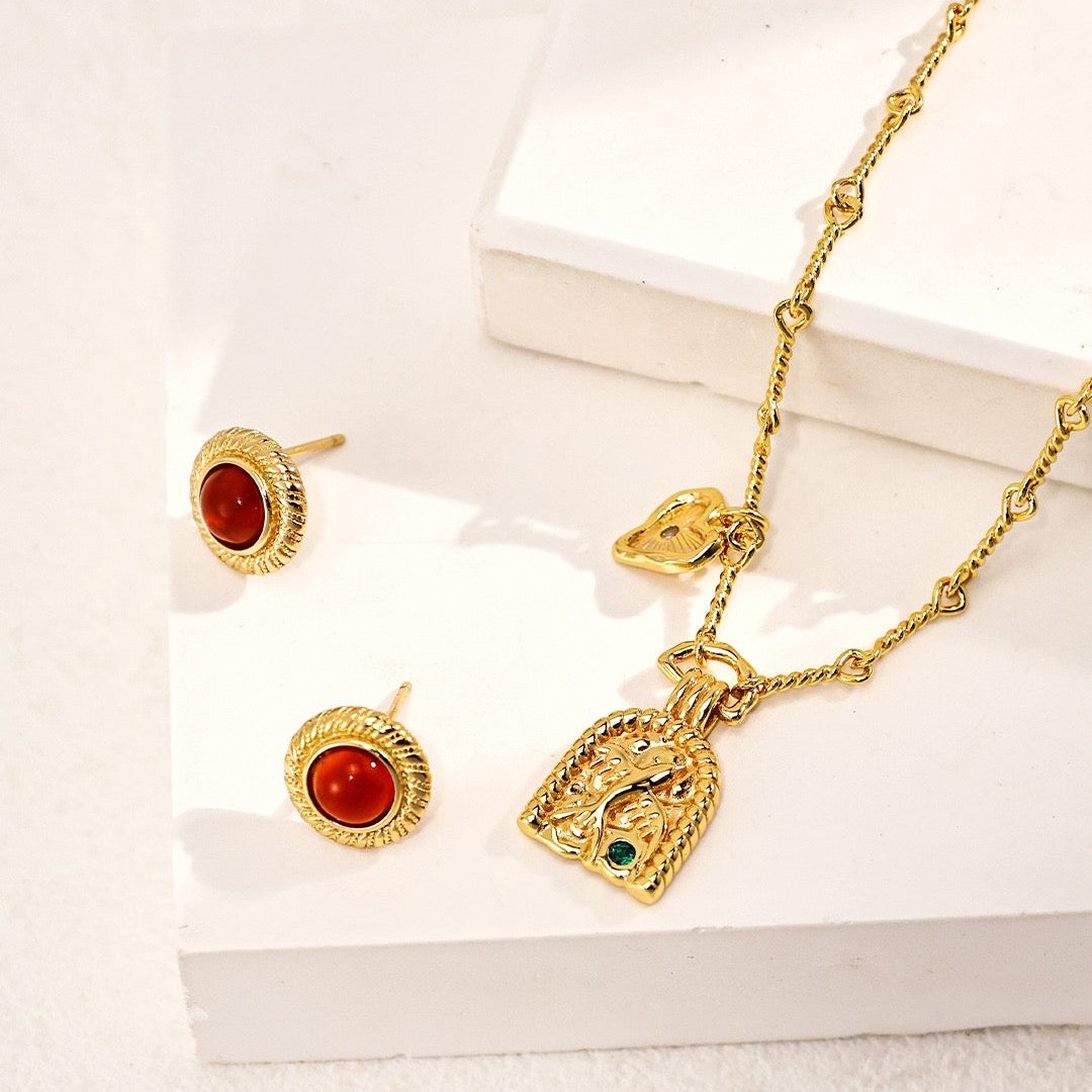 Vermeil Textured Red Agate Stud Earrings - with necklace