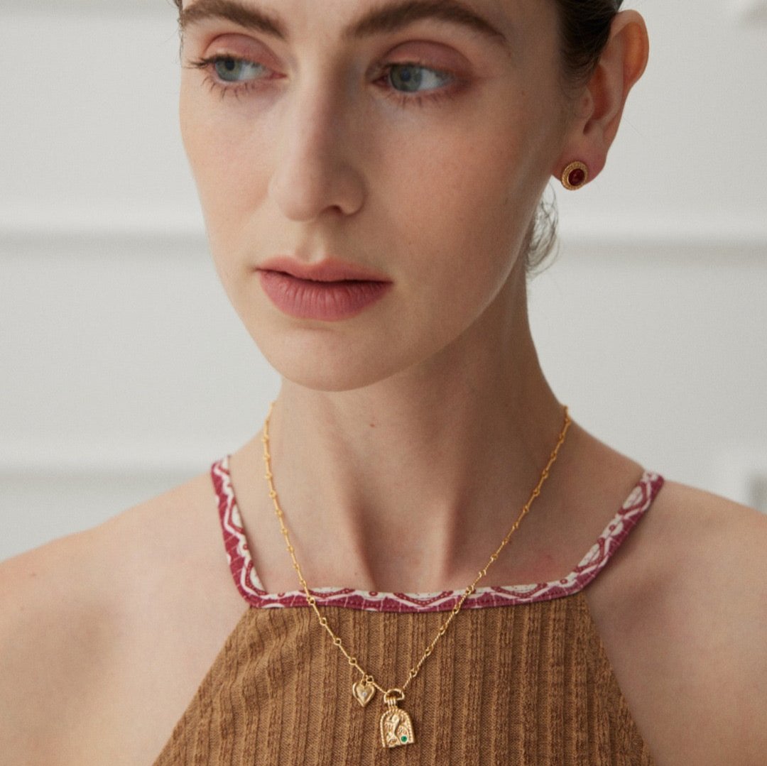 Vermeil Textured Red Agate Stud Earrings - model shot with necklace