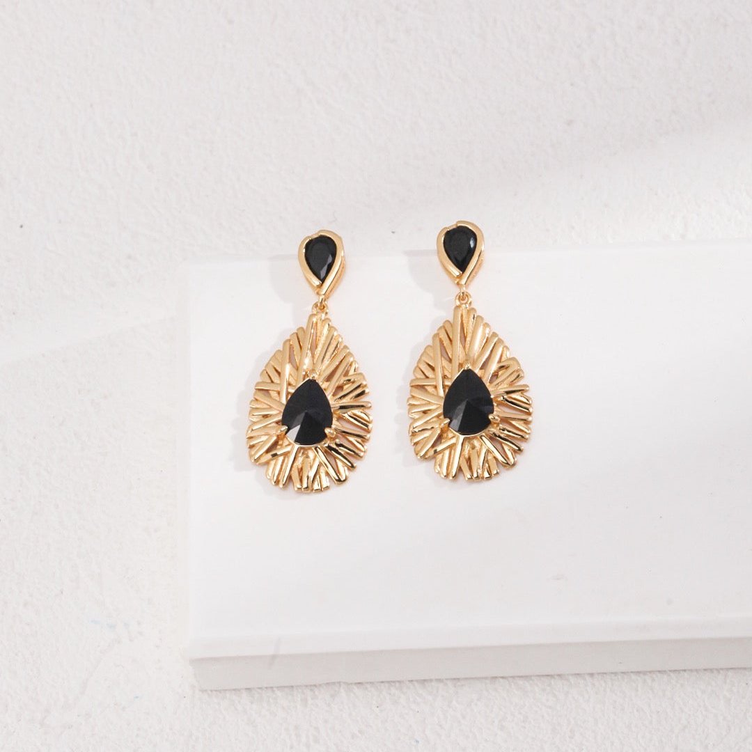 Vermeil Textured Black Zircon Teardrop Earrings