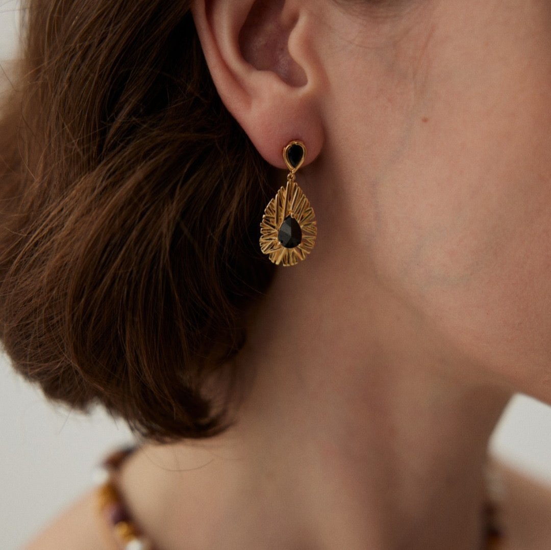 Vermeil Textured Black Zircon Teardrop Earrings - model shot close up