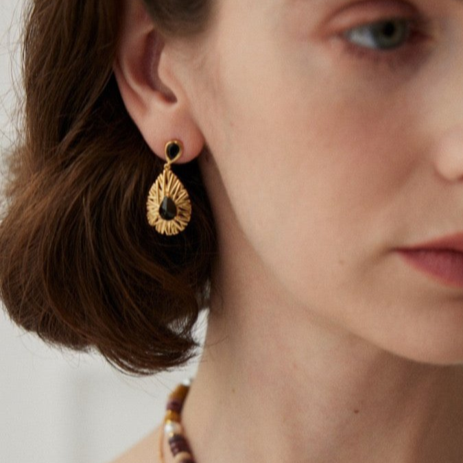 Vermeil Textured Black Zircon Teardrop Earrings - model shot close