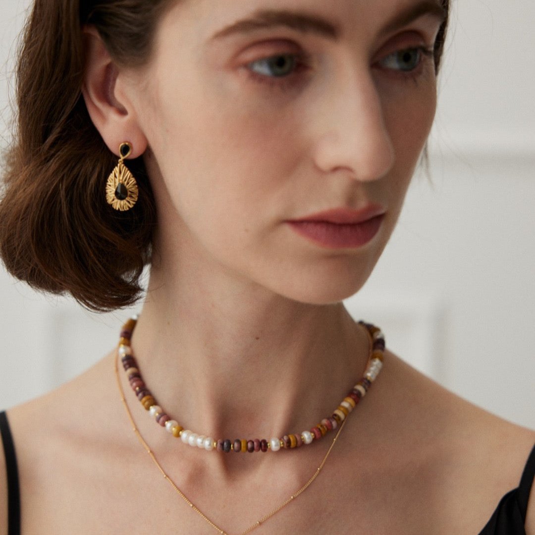 Vermeil Textured Black Zircon Teardrop Earrings - model shot with necklace