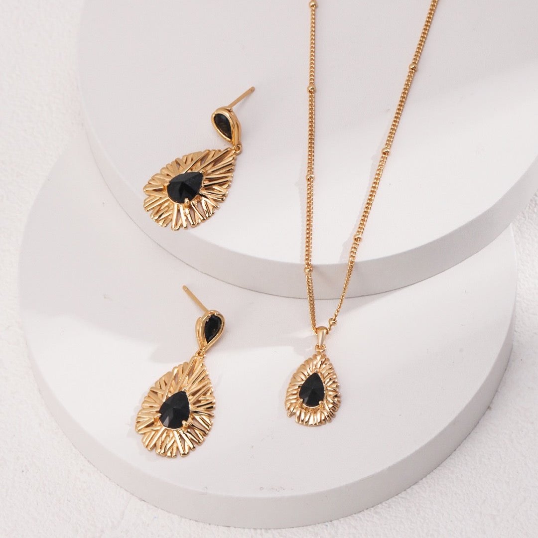 Vermeil Textured Black Zircon Teardrop Earrings - with necklace