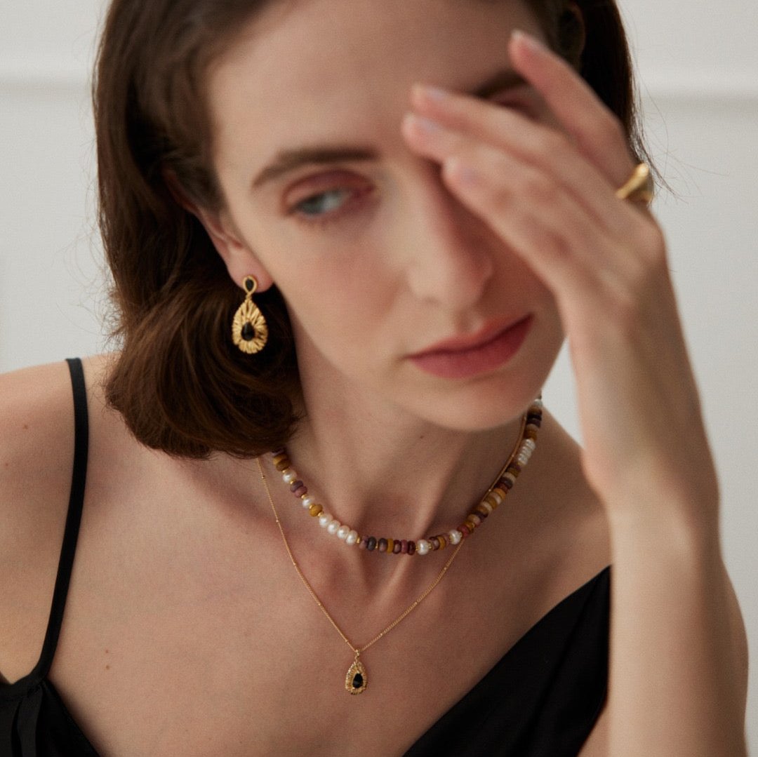 Vermeil Textured Black Zircon Teardrop Earrings - model shot with jewelry set