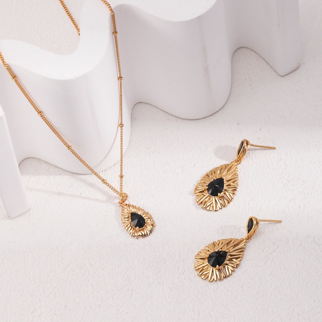 Vermeil Textured Black Zircon Teardrop Earrings - with necklace 2