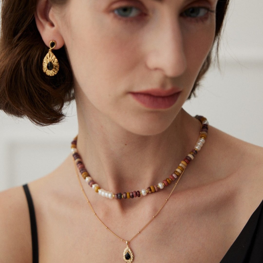 Vermeil Textured Black Zircon Teardrop Earrings - model shot with necklace 2