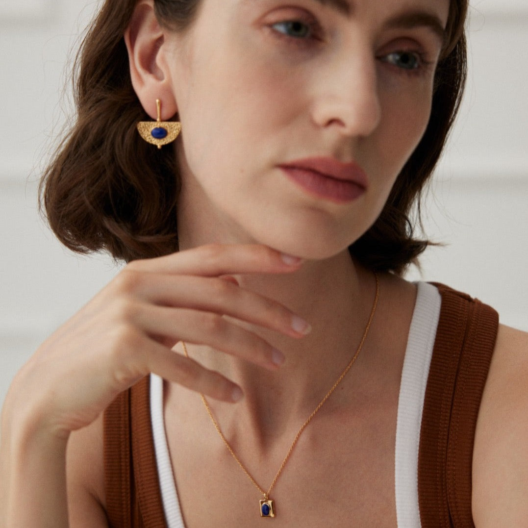 Gold Plated Vintage Lapis Lazuli Drop Earrings - model shot with set