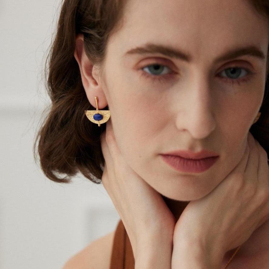 Gold Plated Vintage Lapis Lazuli Drop Earrings - model shot