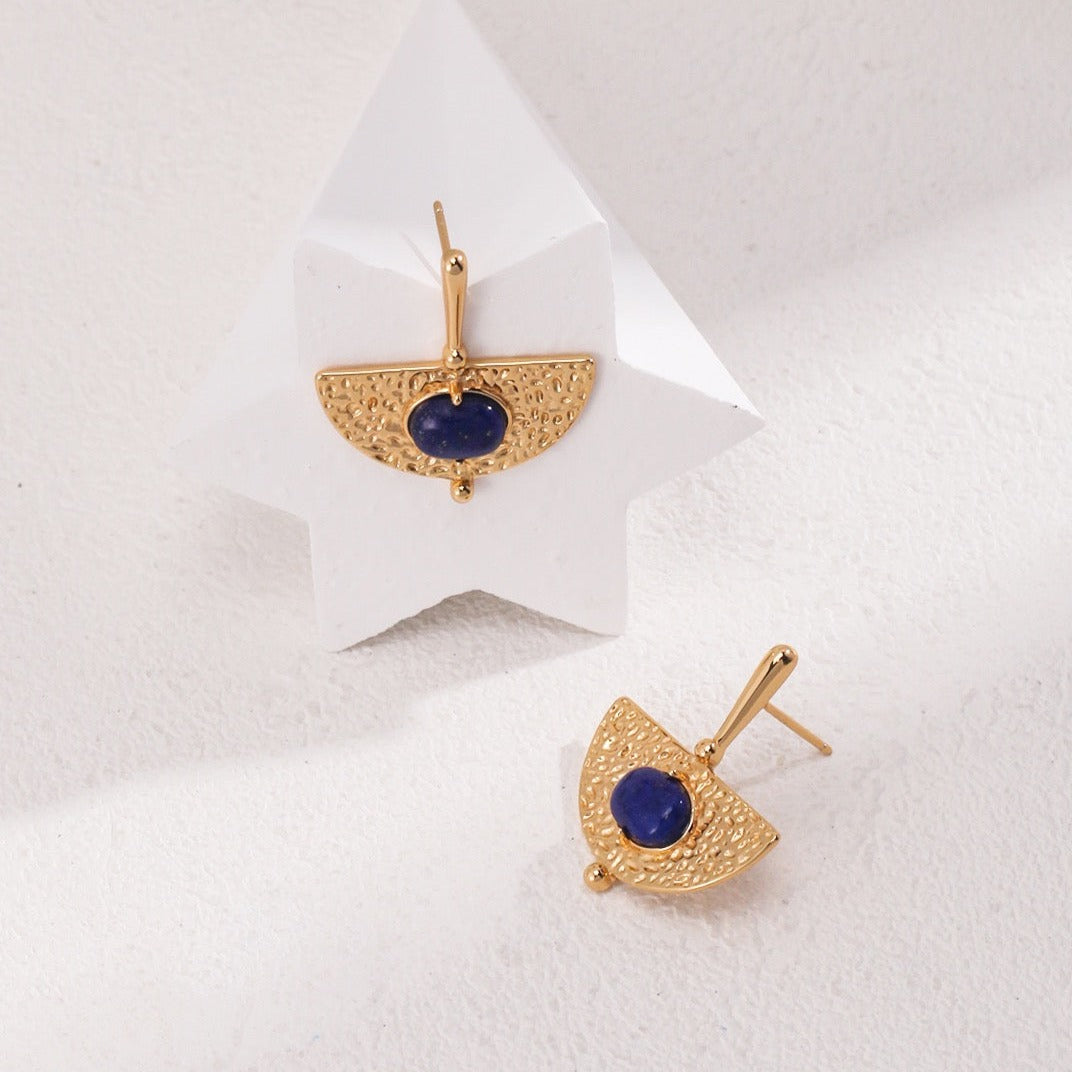 Gold Plated Vintage Lapis Lazuli Drop Earrings - white background 3