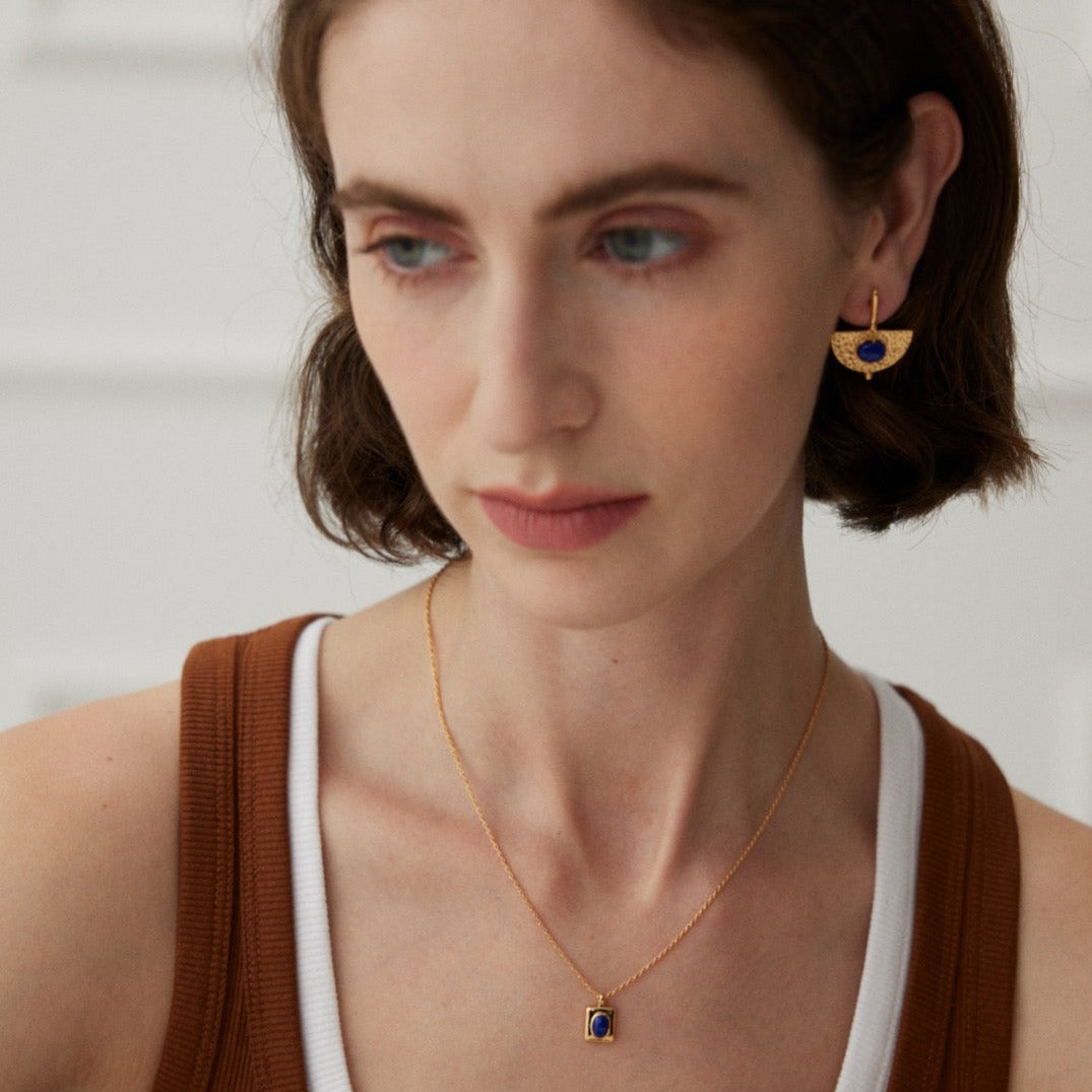 Gold Plated Vintage Lapis Lazuli Drop Earrings - model shot with set