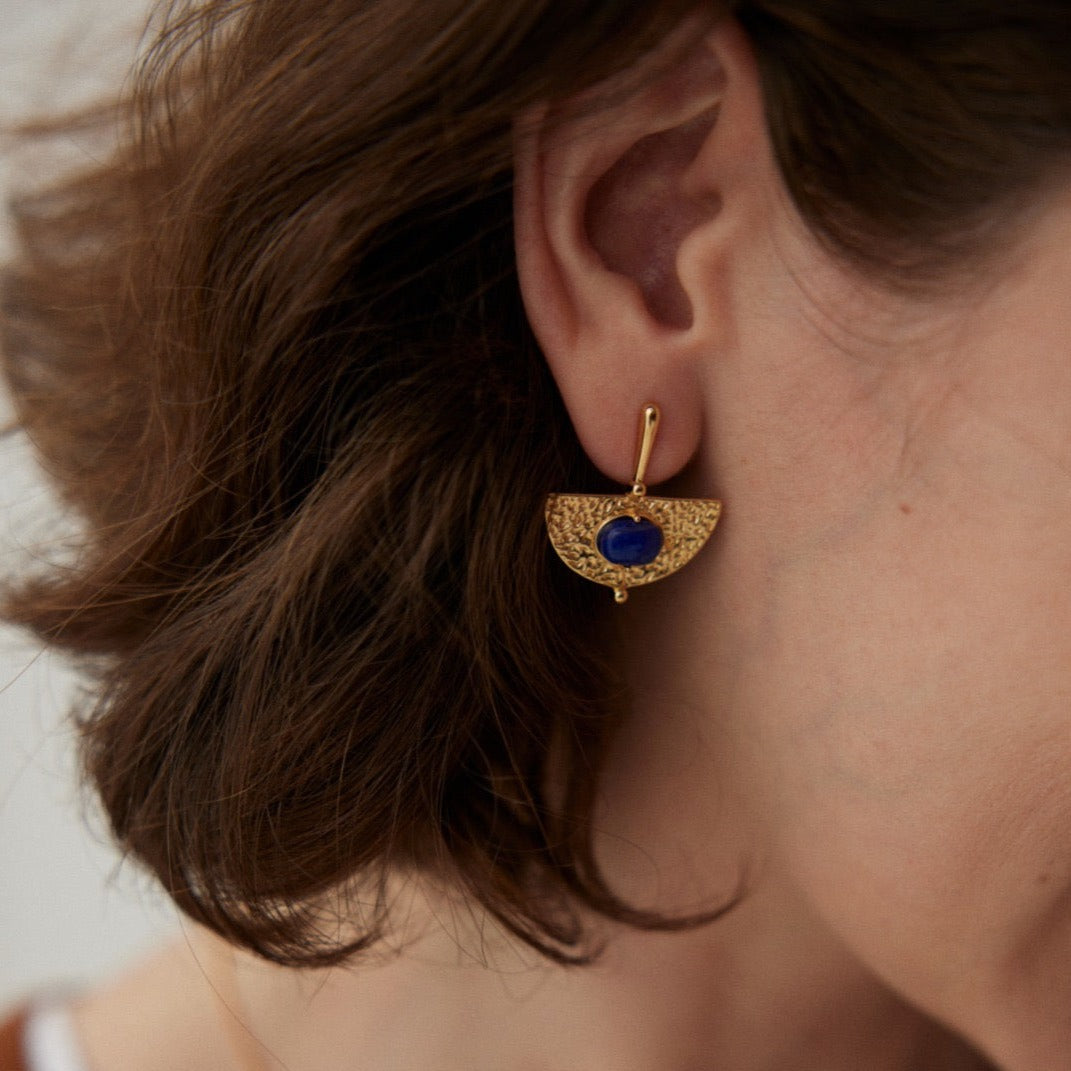 Gold Plated Vintage Lapis Lazuli Drop Earrings - model shot close