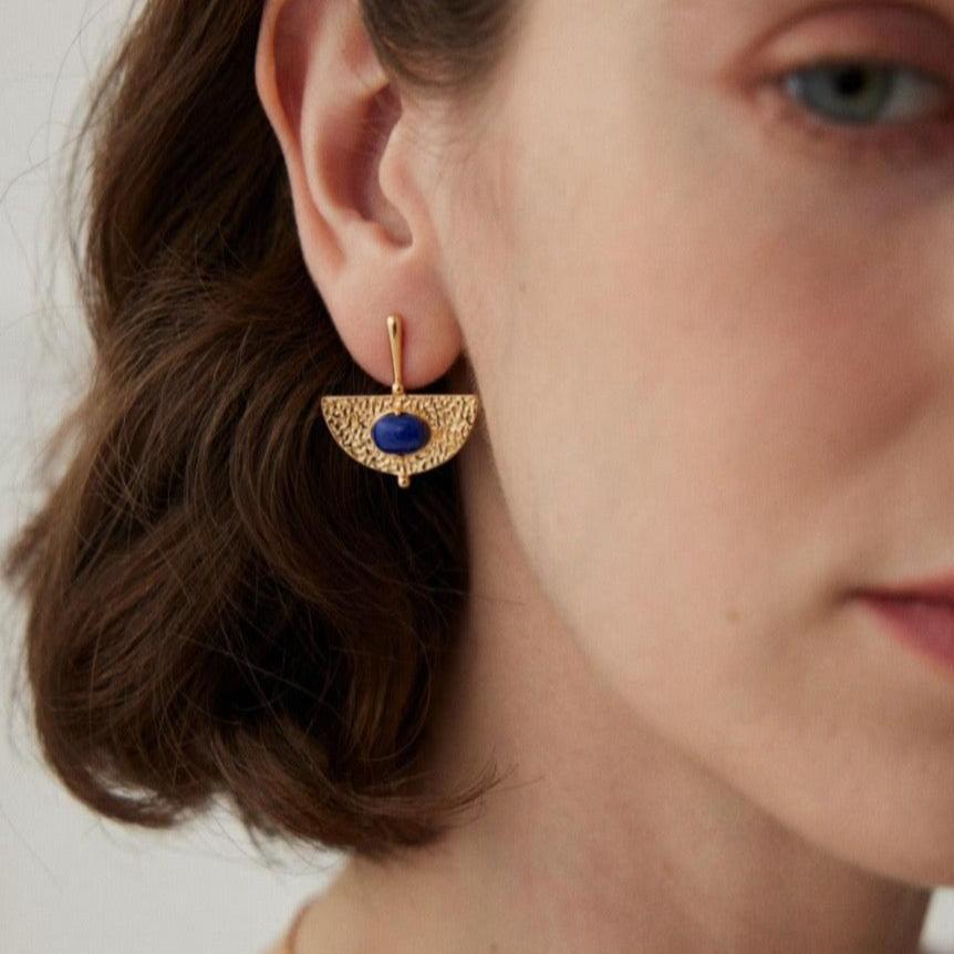 Gold Plated Vintage Lapis Lazuli Drop Earrings - model shot close