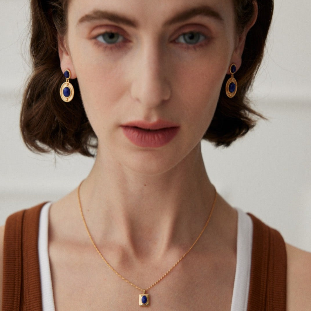 18K Gold Plated Lapis Lazuli Vintage Drop Earrings - model shot with set