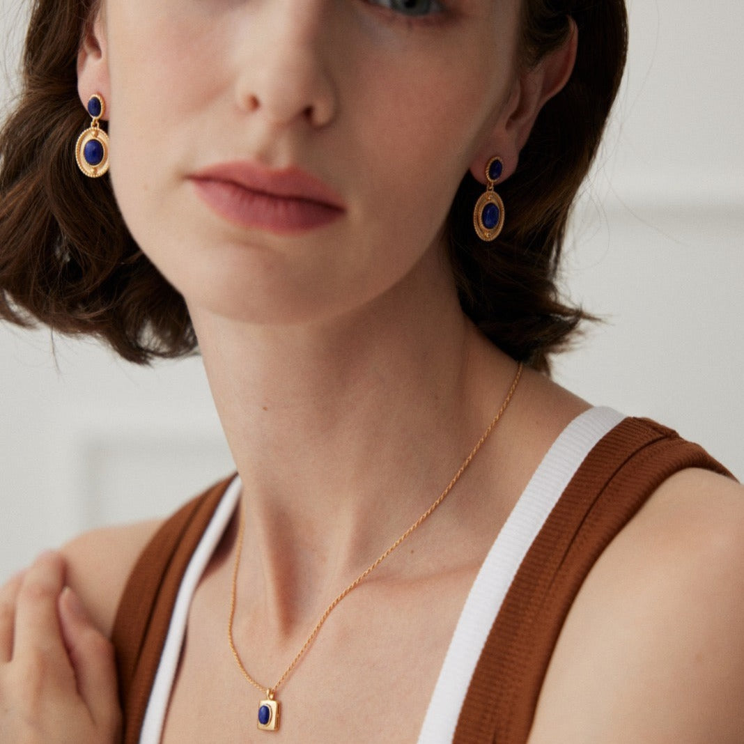 18K Gold Plated Lapis Lazuli Vintage Drop Earrings - model shot with set