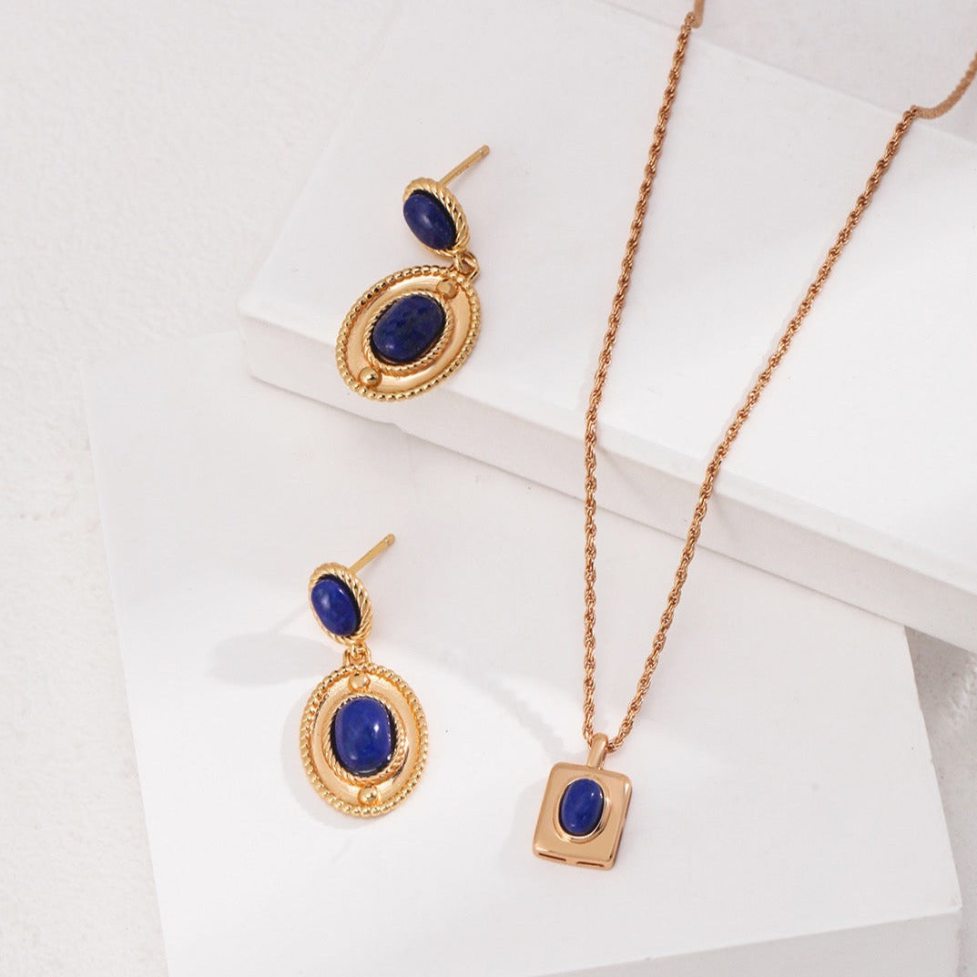 18K Gold Plated Lapis Lazuli Vintage Drop Earrings - set, white background