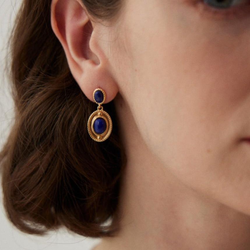 18K Gold Plated Lapis Lazuli Vintage Drop Earrings - model shot close