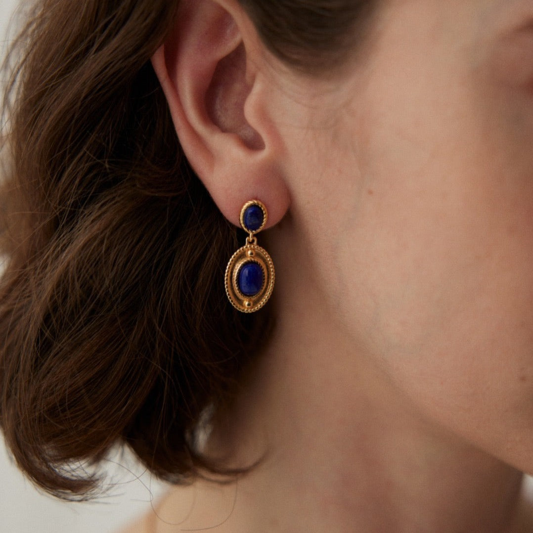 18K Gold Plated Lapis Lazuli Vintage Drop Earrings - model shot close