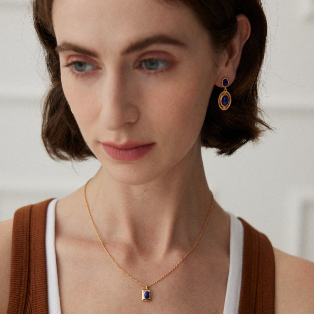 18K Gold Plated Lapis Lazuli Vintage Drop Earrings - model shot with set