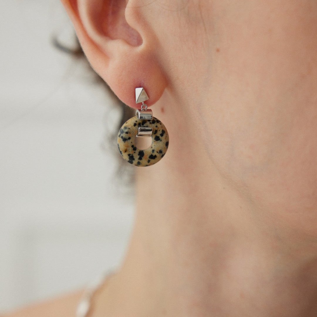 Sterling Silver Dalmatian Jasper Drop Earrings - model shot close up