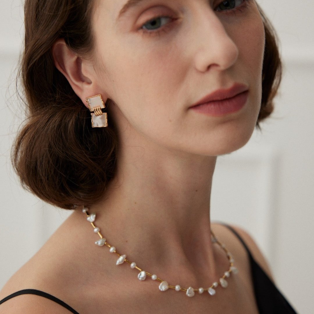 Double Square Mother-of-Pearl Drop Earrings - model shot with necklace