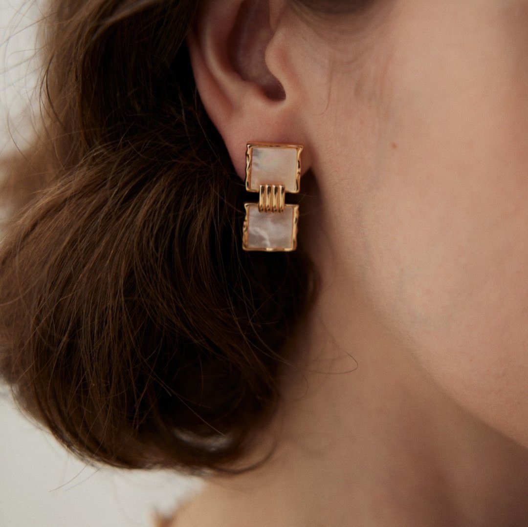 Double Square Mother-of-Pearl Drop Earrings - model shot close up