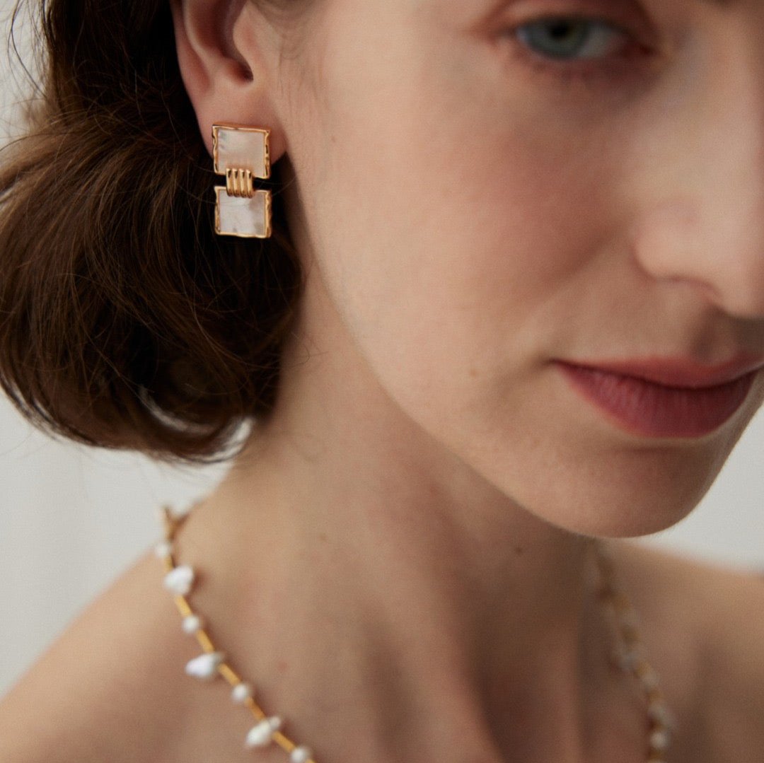 Double Square Mother-of-Pearl Drop Earrings - model shot