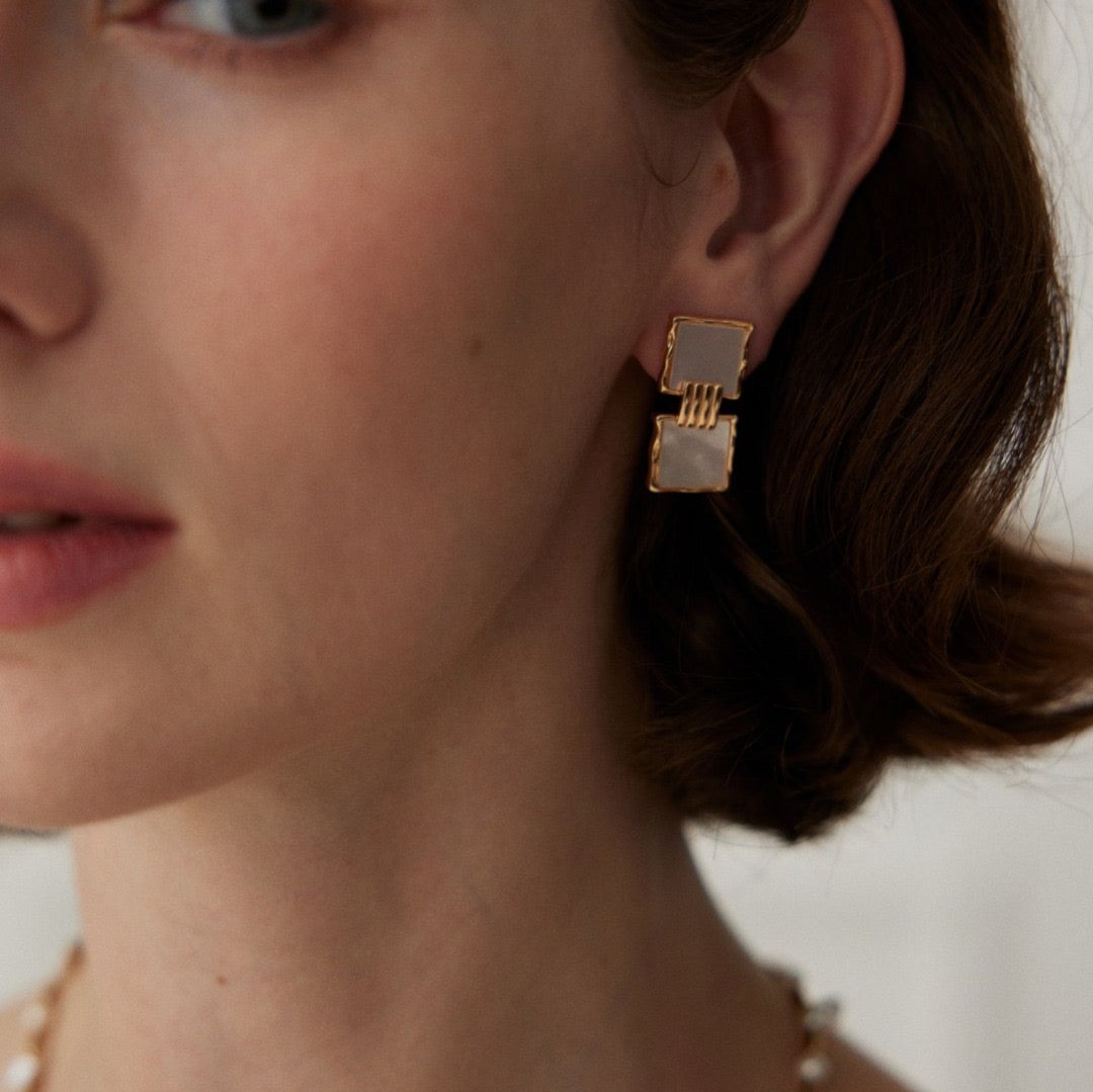 Double Square Mother-of-Pearl Drop Earrings - model shot 2