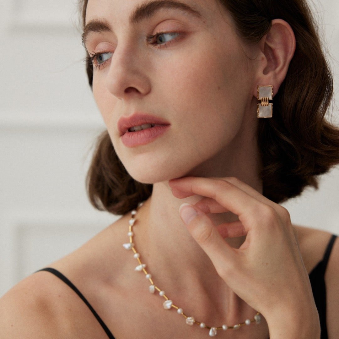 Double Square Mother-of-Pearl Drop Earrings - model shot with necklace 2