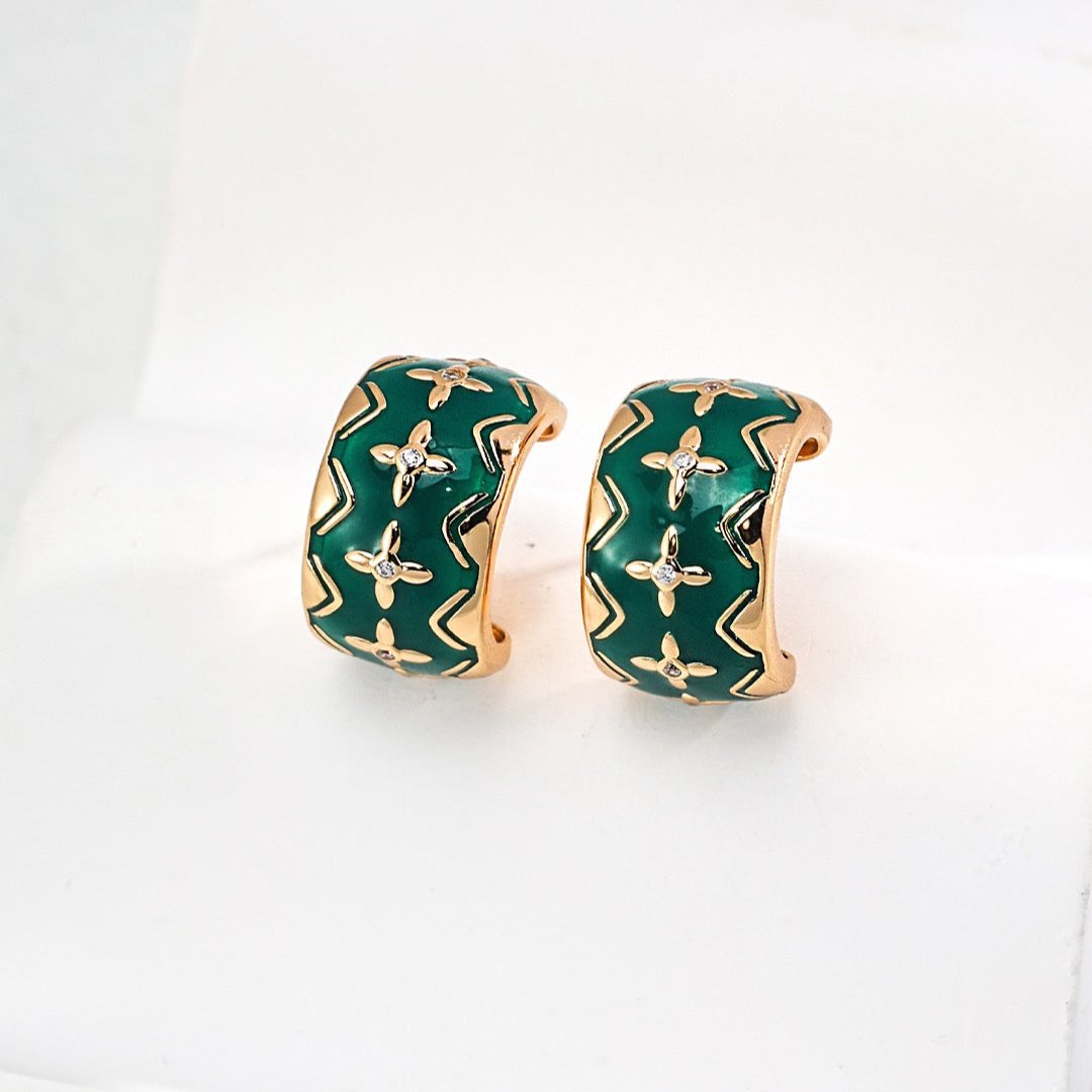 Christmas Green Glaze C Huggie Vermeil Earrings