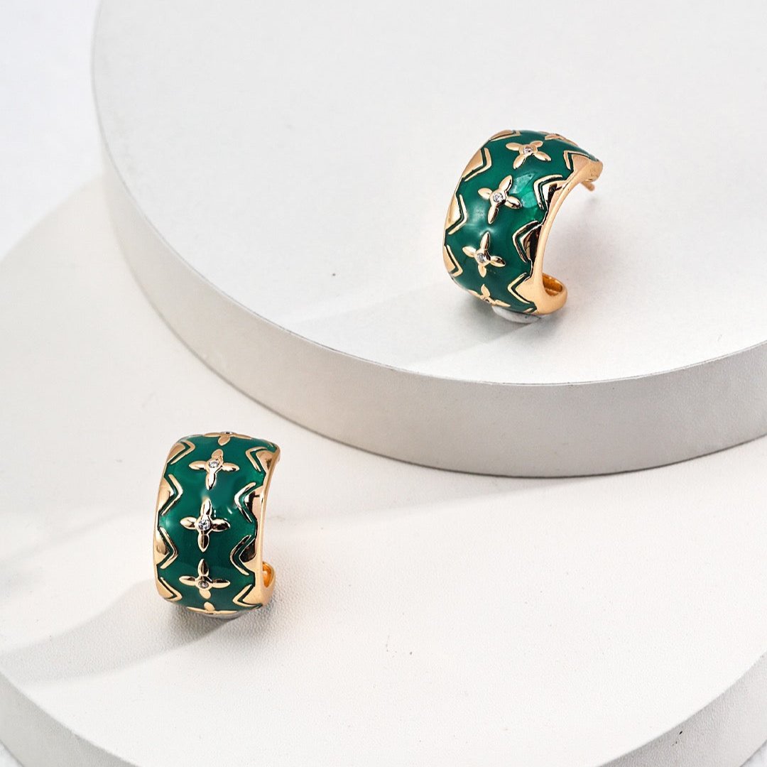 Christmas Green Glaze C Huggie Vermeil Earrings - white background