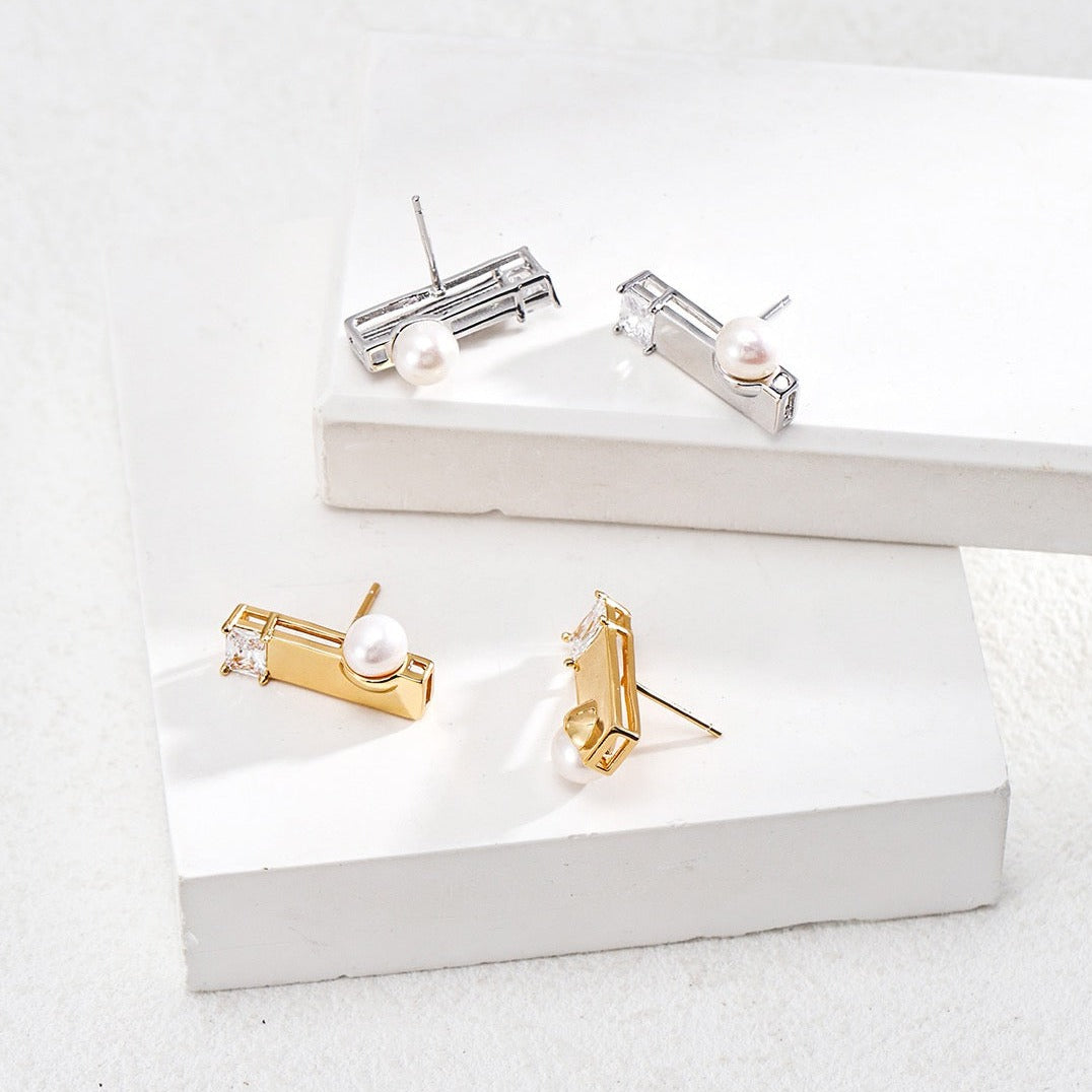 Vermeil Sleek Bar Pearl Zircon Stud Earrings - silver and gold