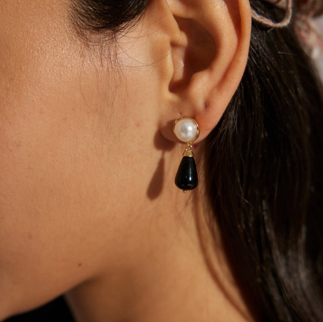 Black Agate Pearl Vermeil Teardrop Earrings - model shot