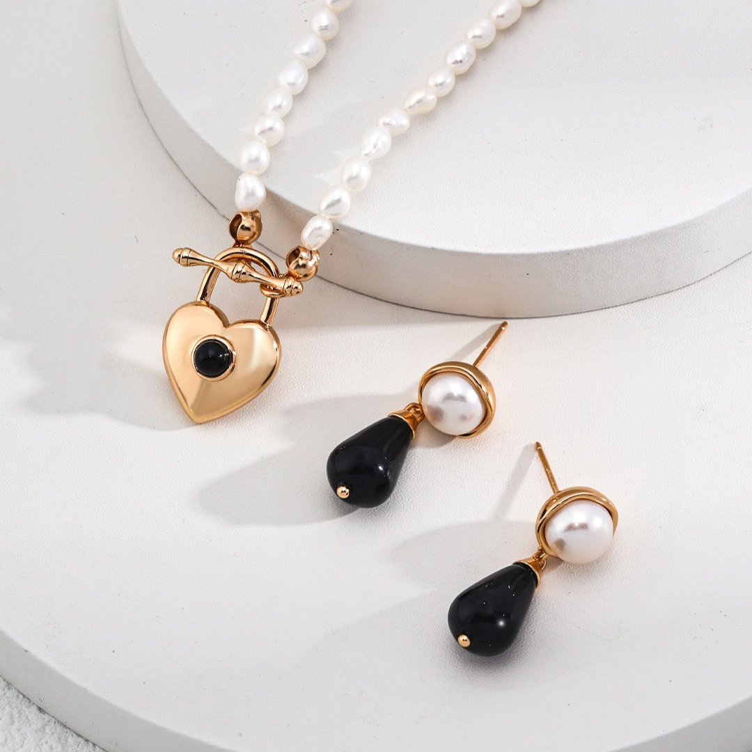 Black Agate Pearl Vermeil Teardrop Earrings - with matching necklace