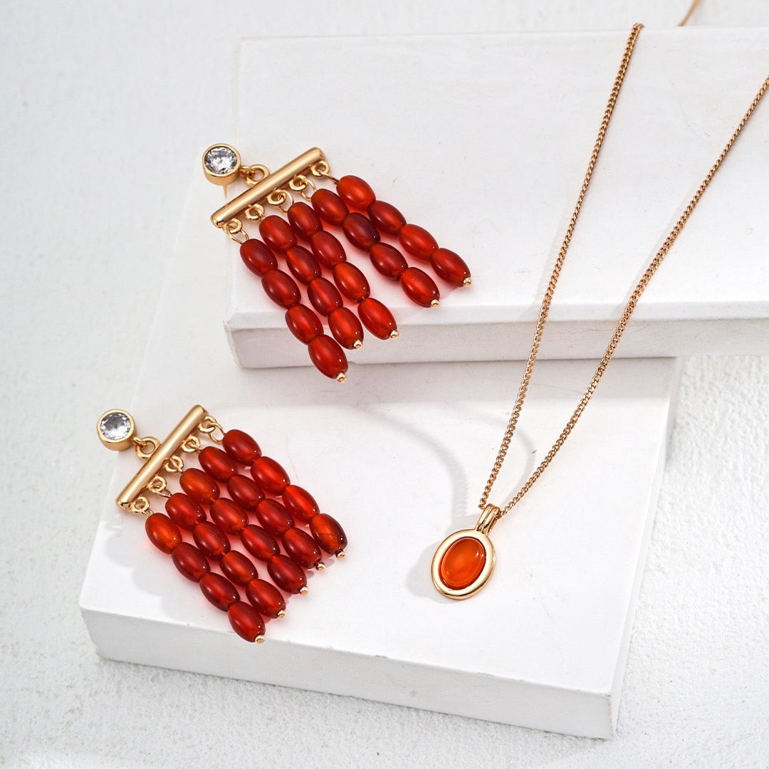 Red Agate Waterfall Vermeil Chandelier Earrings - with matching necklace