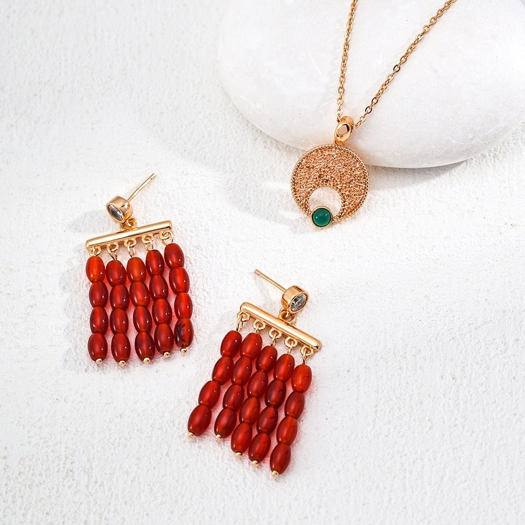 Red Agate Waterfall Vermeil Chandelier Earrings - paired with necklace