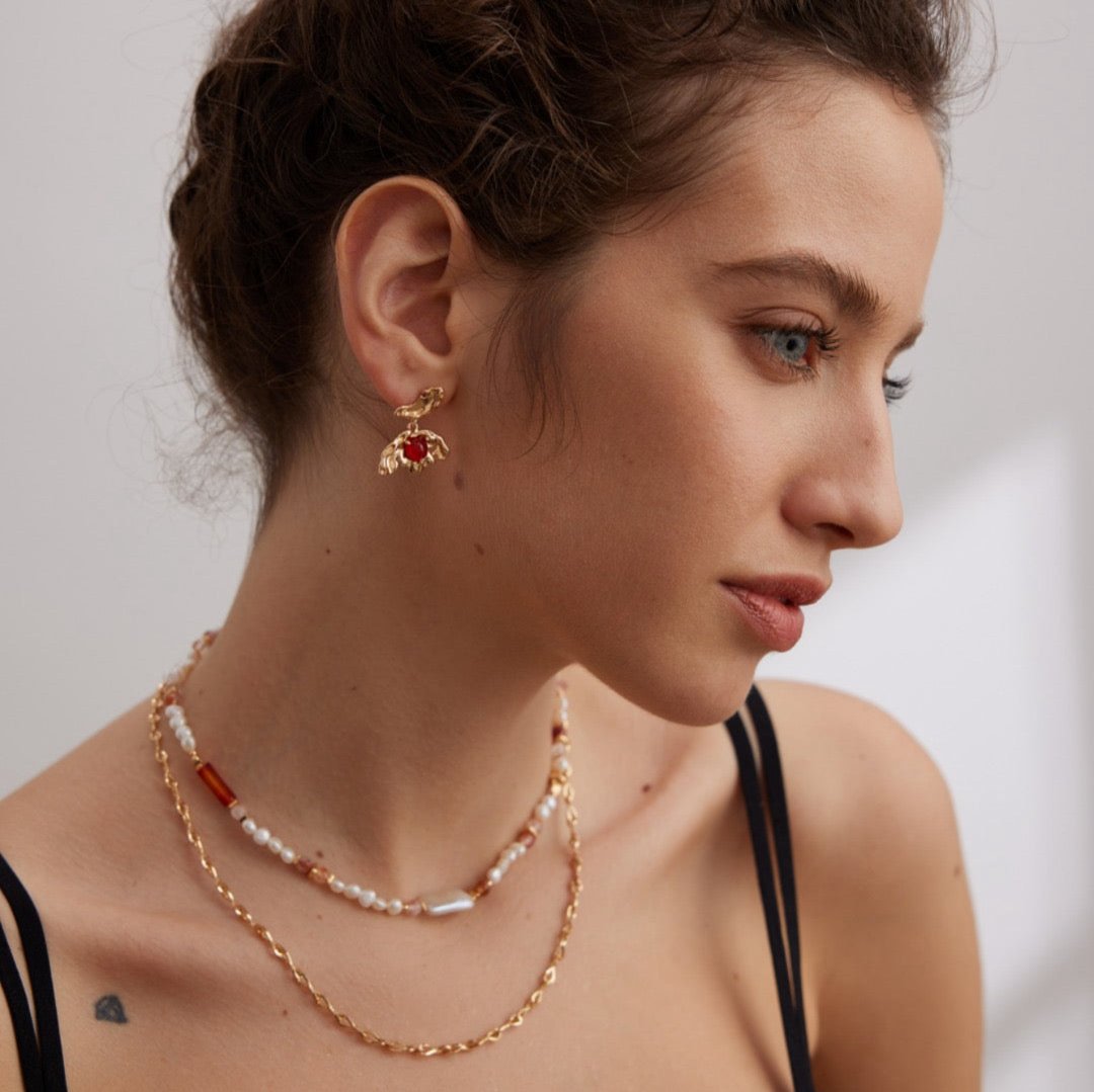 Oakleaf Butterfly Red Agate Vermeil Earrings - model shot with matching necklaces