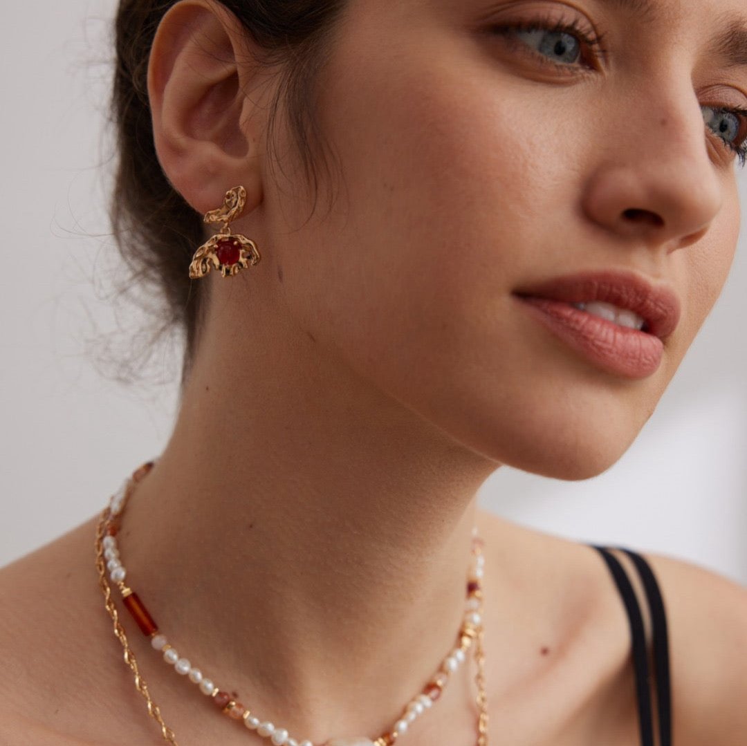 Oakleaf Butterfly Red Agate Vermeil Earrings - model shot with matching necklaces