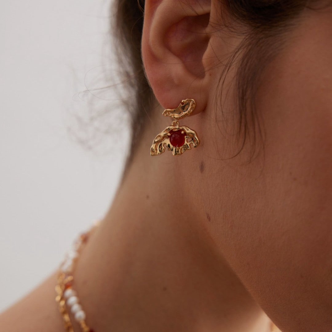 Oakleaf Butterfly Red Agate Vermeil Earrings - model shot close up