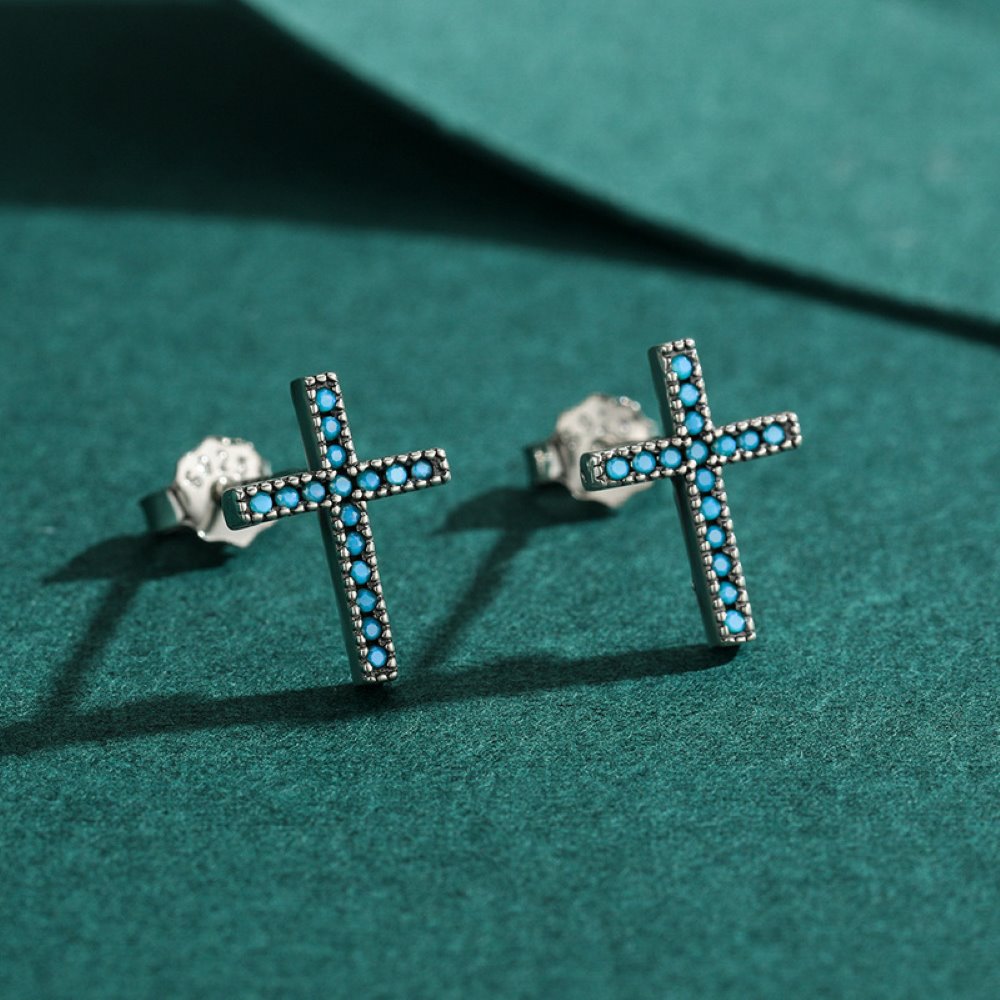 Sterling Silver Turquoise Hypoallergenic Cross Earrings - alternate shot