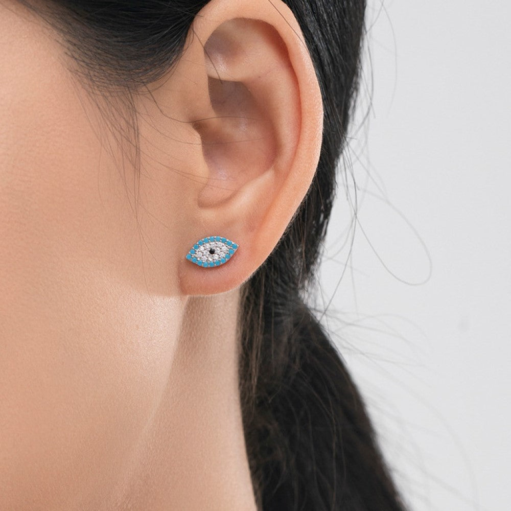 Sterling Silver Micro Pave Turquoise Devil's Eye Earrings - model shot