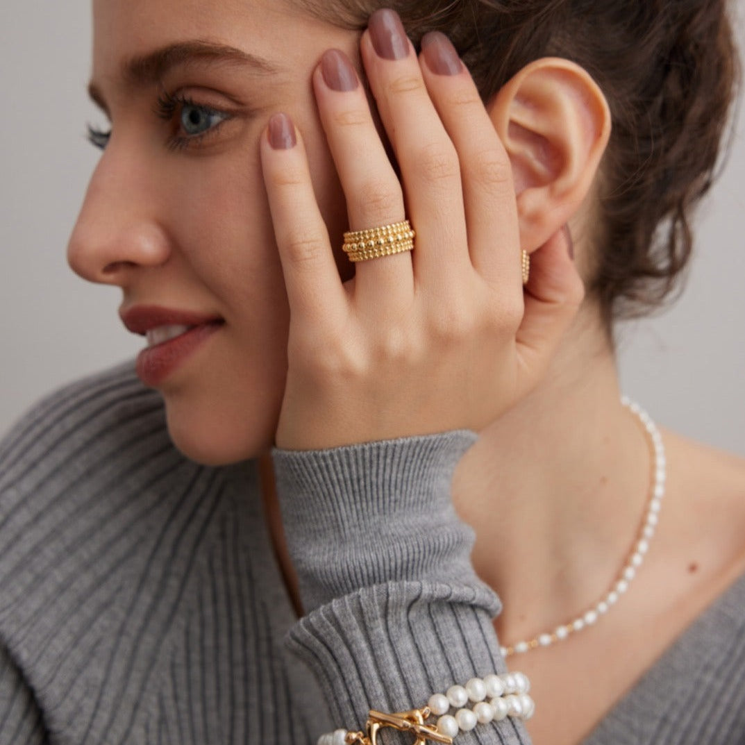 18K Gold on Silver Luxe Beaded Wave Open Ring - model shot