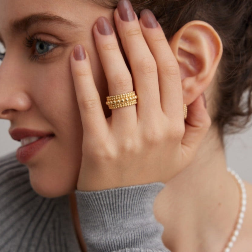 18K Gold on Silver Luxe Beaded Wave Open Ring - model shot close up