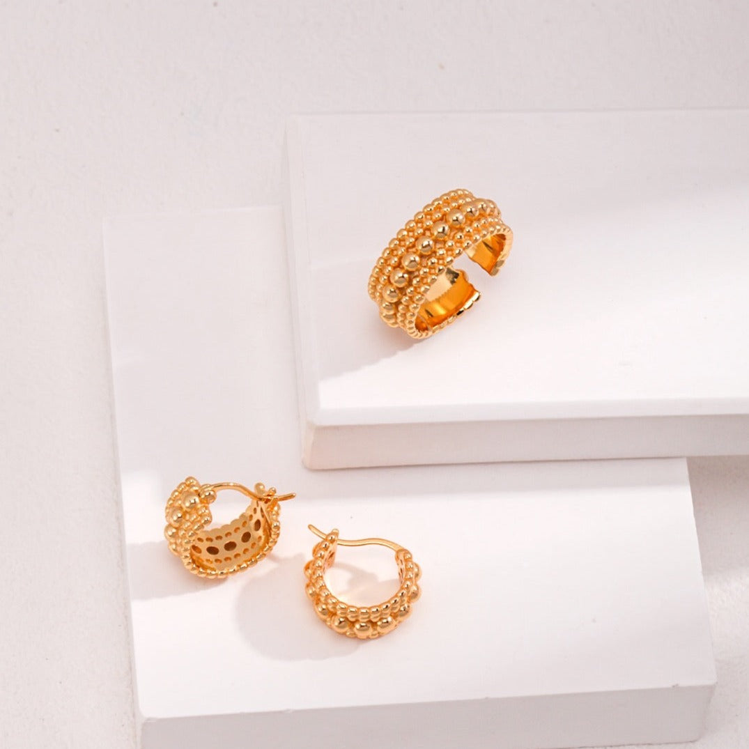 18K Gold on Silver Luxe Beaded Wave Open Ring - pair with earrings