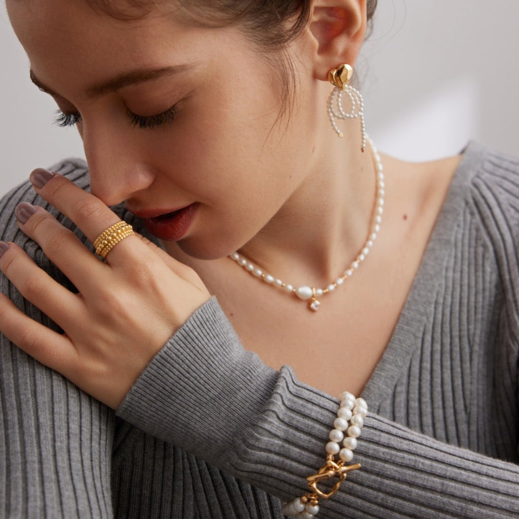 18K Gold on Silver Luxe Beaded Wave Open Ring - model shot 4